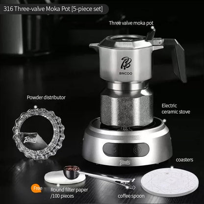BINCOO 316 Stainless Steel Three-Valve Moka Pot Compact Home Coffee Maker Set Espresso Machine 2Cups