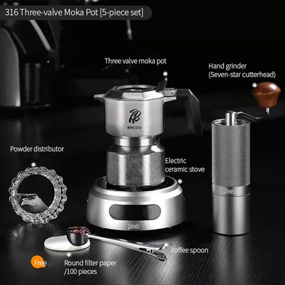 BINCOO 316 Stainless Steel Three-Valve Moka Pot Compact Home Coffee Maker Set Espresso Machine 2Cups