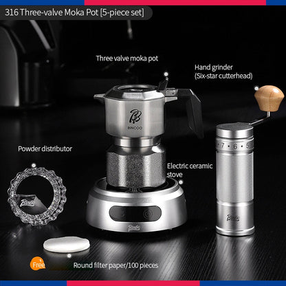 BINCOO 316 Stainless Steel Three-Valve Moka Pot Compact Home Coffee Maker Set Espresso Machine 2Cups