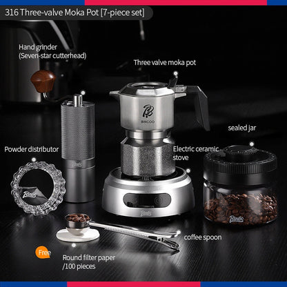 BINCOO 316 Stainless Steel Three-Valve Moka Pot Compact Home Coffee Maker Set Espresso Machine 2Cups