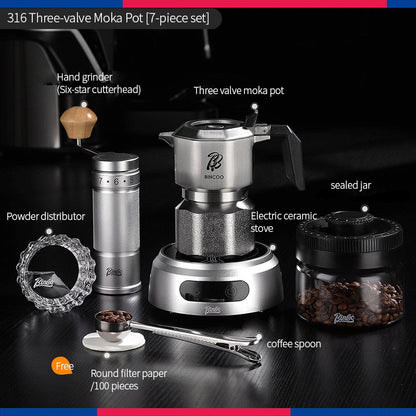 BINCOO 316 Stainless Steel Three-Valve Moka Pot Compact Home Coffee Maker Set Espresso Machine 2Cups