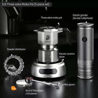 BINCOO 316 Stainless Steel Three-Valve Moka Pot Compact Home Coffee Maker Set Espresso Machine 2Cups