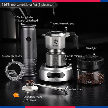 BINCOO 316 Stainless Steel Three-Valve Moka Pot Compact Home Coffee Maker Set Espresso Machine 2Cups