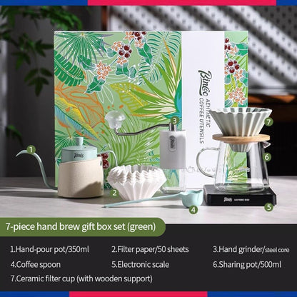 BINCOO Hand Brewed Coffee Pot Gift Set Household Hand Brewing Pot with Manual Grinder Coffee Filter Cup with Sharing Pot Set Best Gift