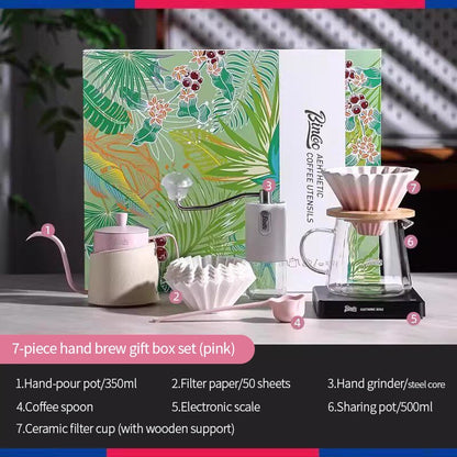 BINCOO Hand Brewed Coffee Pot Gift Set Household Hand Brewing Pot with Manual Grinder Coffee Filter Cup with Sharing Pot Set Best Gift