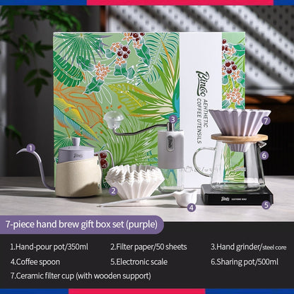 BINCOO Hand Brewed Coffee Pot Gift Set Household Hand Brewing Pot with Manual Grinder Coffee Filter Cup with Sharing Pot Set Best Gift