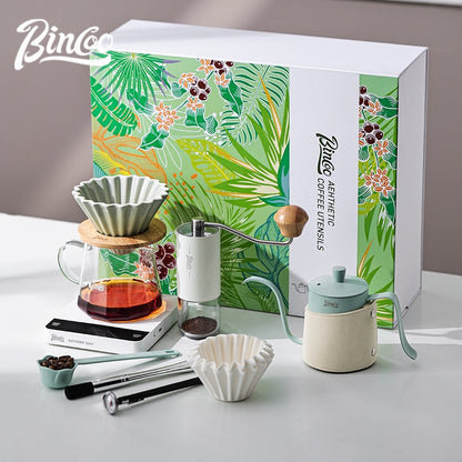 BINCOO Hand Brewed Coffee Pot Gift Set Household Hand Brewing Pot with Manual Grinder Coffee Filter Cup with Sharing Pot Set Best Gift