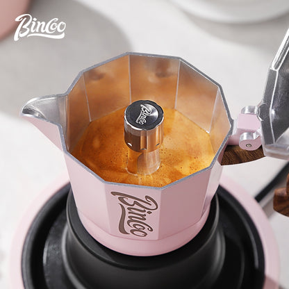 BINCOO Pink Three-Valve Moka Pot with Electric Stovetop Manual Coffee Grinder Set Compact Home Coffee Maker Set 2Cups