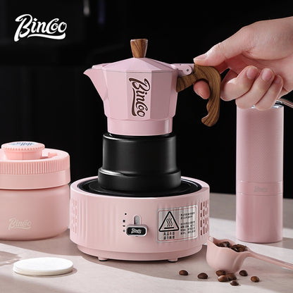 BINCOO Pink Three-Valve Moka Pot with Electric Stovetop Manual Coffee Grinder Set Compact Home Coffee Maker Set 2Cups