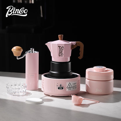 BINCOO Pink Three-Valve Moka Pot with Electric Stovetop Manual Coffee Grinder Set Compact Home Coffee Maker Set 2Cups