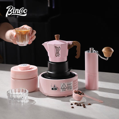 BINCOO Pink Three-Valve Moka Pot with Electric Stovetop Manual Coffee Grinder Set Compact Home Coffee Maker Set 2Cups
