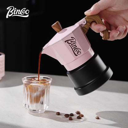 BINCOO Pink Three-Valve Moka Pot with Electric Stovetop Manual Coffee Grinder Set Compact Home Coffee Maker Set 2Cups