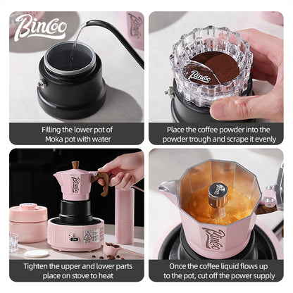 BINCOO Pink Three-Valve Moka Pot with Electric Stovetop Manual Coffee Grinder Set Compact Home Coffee Maker Set 2Cups