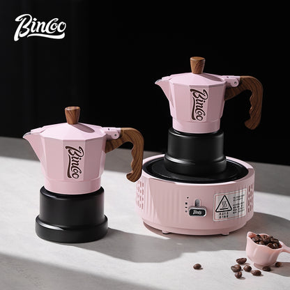 BINCOO Pink Three-Valve Moka Pot with Electric Stovetop Manual Coffee Grinder Set Compact Home Coffee Maker Set 2Cups