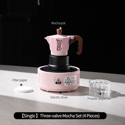 BINCOO Pink Three-Valve Moka Pot with Electric Stovetop Manual Coffee Grinder Set Compact Home Coffee Maker Set 2Cups