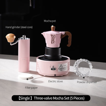 BINCOO Pink Three-Valve Moka Pot with Electric Stovetop Manual Coffee Grinder Set Compact Home Coffee Maker Set 2Cups