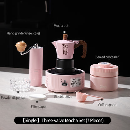 BINCOO Pink Three-Valve Moka Pot with Electric Stovetop Manual Coffee Grinder Set Compact Home Coffee Maker Set 2Cups