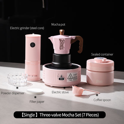 BINCOO Pink Three-Valve Moka Pot with Electric Stovetop Manual Coffee Grinder Set Compact Home Coffee Maker Set 2Cups