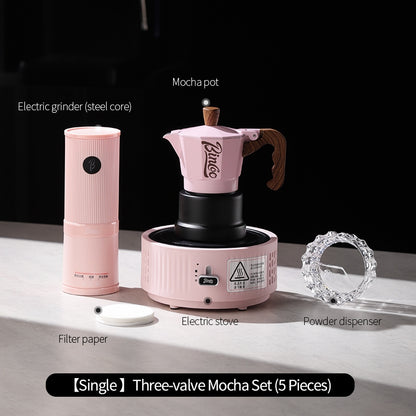 BINCOO Pink Three-Valve Moka Pot with Electric Stovetop Manual Coffee Grinder Set Compact Home Coffee Maker Set 2Cups