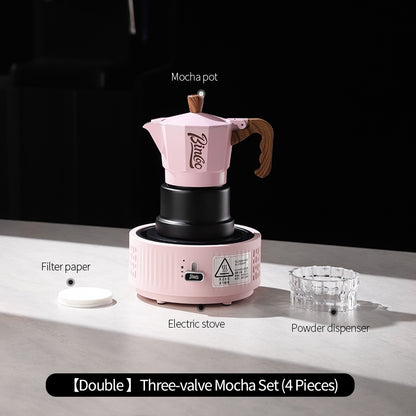 BINCOO Pink Three-Valve Moka Pot with Electric Stovetop Manual Coffee Grinder Set Compact Home Coffee Maker Set 2Cups