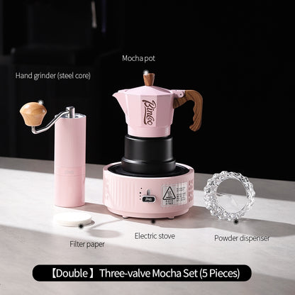 BINCOO Pink Three-Valve Moka Pot with Electric Stovetop Manual Coffee Grinder Set Compact Home Coffee Maker Set 2Cups