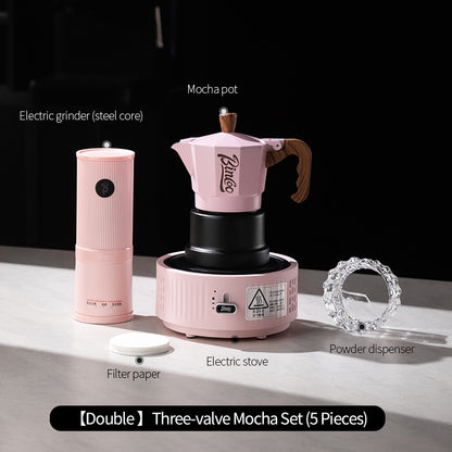 BINCOO Pink Three-Valve Moka Pot with Electric Stovetop Manual Coffee Grinder Set Compact Home Coffee Maker Set 2Cups