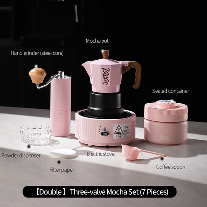 BINCOO Pink Three-Valve Moka Pot with Electric Stovetop Manual Coffee Grinder Set Compact Home Coffee Maker Set 2Cups