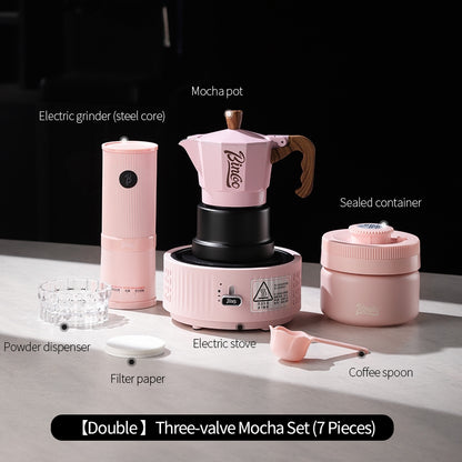 BINCOO Pink Three-Valve Moka Pot with Electric Stovetop Manual Coffee Grinder Set Compact Home Coffee Maker Set 2Cups