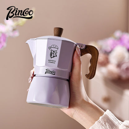 BINCOO Purple Double-Valve Moka Pot with Grinder Set Home Italian Espresso Maker Compact Coffee Maker Set 2Cups