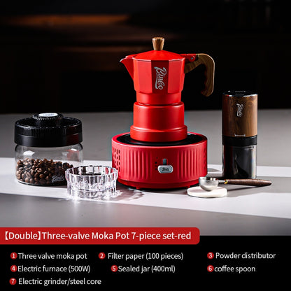 BINCOO Red Three-Valve Moka Pot with Electric Stove Set, Coffee Maker, Manual Coffee Grinder Set, Italian-Style Coffee Outdoor Set 1Cup/2Cups