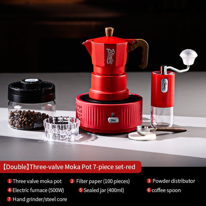 BINCOO Red Three-Valve Moka Pot with Electric Stove Set, Coffee Maker, Manual Coffee Grinder Set, Italian-Style Coffee Outdoor Set 1Cup/2Cups