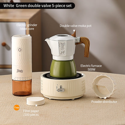 BINCOO Two-Valve Moka Pot with Grinder Set Compact Espresso Maker Set for Home Italian Machine Coffee Accessories 2Cups