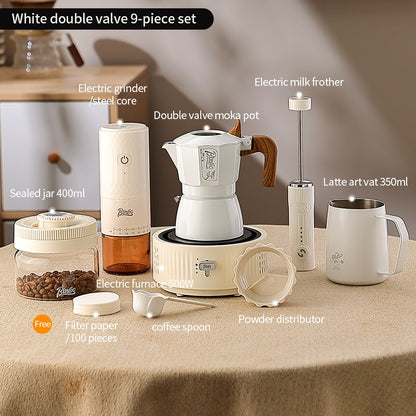 BINCOO Two-Valve Moka Pot with Grinder Set Compact Espresso Maker Set for Home Italian Machine Coffee Accessories 2Cups