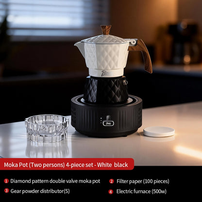 BINCOO Two-Valve Moka Pot with Electric Stove Set Home Coffee Maker with Grinder Set Espresso Machine Set for Office and Outdoor 2Cups