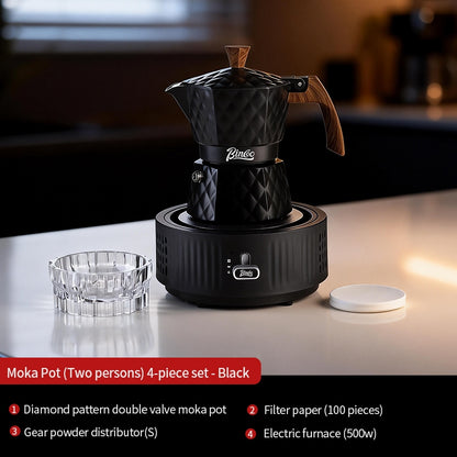 BINCOO Two-Valve Moka Pot with Electric Stove Set Home Coffee Maker with Grinder Set Espresso Machine Set for Office and Outdoor 2Cups