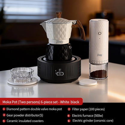 BINCOO Two-Valve Moka Pot with Electric Stove Set Home Coffee Maker with Grinder Set Espresso Machine Set for Office and Outdoor 2Cups