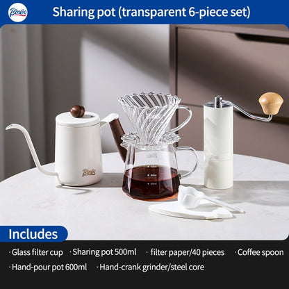 BINCOO Hand-Drip Coffee Maker with Grinder Set Glass Server V60 Drip Set Coffee Accessories Complete Drip Set