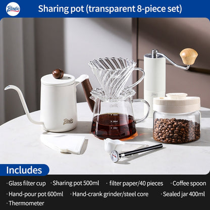 BINCOO Hand-Drip Coffee Maker with Grinder Set Glass Server V60 Drip Set Coffee Accessories Complete Drip Set