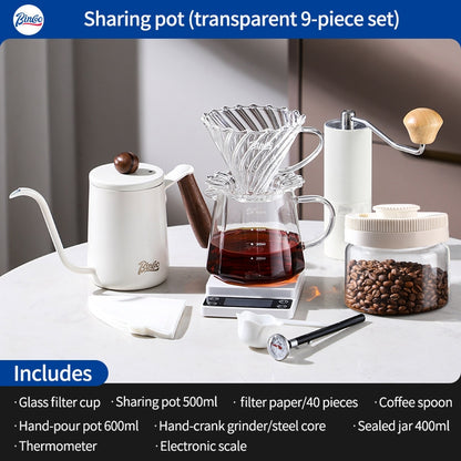 BINCOO Hand-Drip Coffee Maker with Grinder Set Glass Server V60 Drip Set Coffee Accessories Complete Drip Set