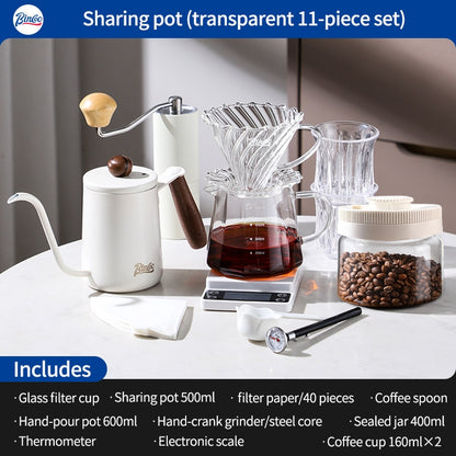 BINCOO Hand-Drip Coffee Maker with Grinder Set Glass Server V60 Drip Set Coffee Accessories Complete Drip Set