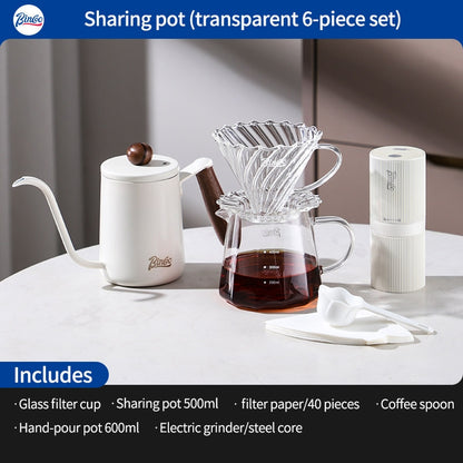 BINCOO Hand-Drip Coffee Maker with Grinder Set Glass Server V60 Drip Set Coffee Accessories Complete Drip Set