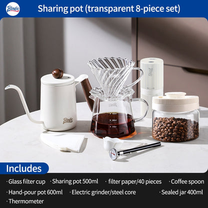 BINCOO Hand-Drip Coffee Maker with Grinder Set Glass Server V60 Drip Set Coffee Accessories Complete Drip Set