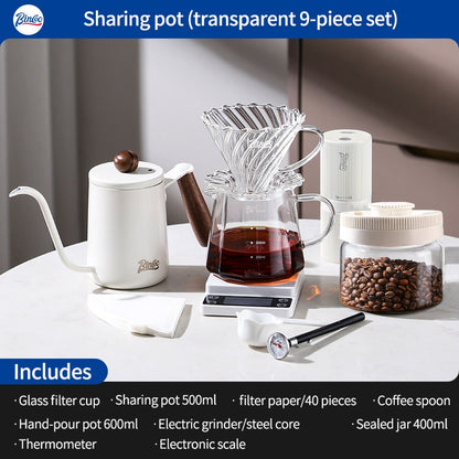BINCOO Hand-Drip Coffee Maker with Grinder Set Glass Server V60 Drip Set Coffee Accessories Complete Drip Set