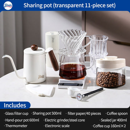BINCOO Hand-Drip Coffee Maker with Grinder Set Glass Server V60 Drip Set Coffee Accessories Complete Drip Set