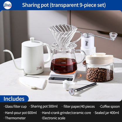 BINCOO Hand-Drip Coffee Maker with Grinder Set Glass Server V60 Drip Set Coffee Accessories Complete Drip Set