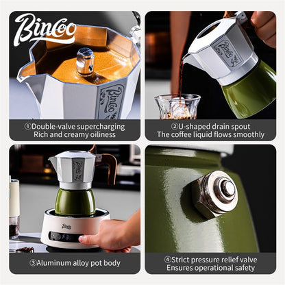 BINCOO Two-Valve Moka Pot with Grinder Set Home Espresso Maker Italian-Style Coffee Maker 2Cups