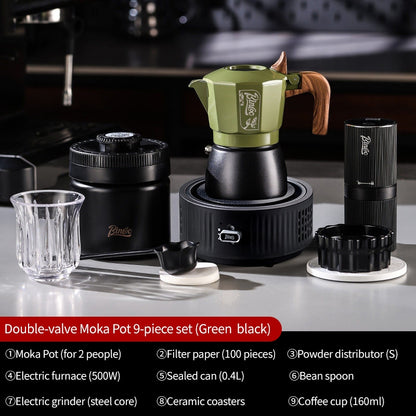 BINCOO Two-Valve Moka Pot with Grinder Set Home Espresso Maker Italian-Style Coffee Maker 2Cups