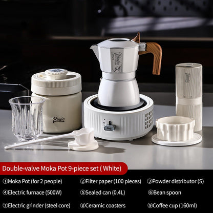 BINCOO Two-Valve Moka Pot with Grinder Set Home Espresso Maker Italian-Style Coffee Maker 2Cups