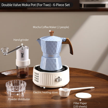 BINCOO Two-Valve Moka Pot with Electric Stove Set Home Coffee Maker with Grinder Set Espresso Machine Set for Office and Outdoor 2Cups