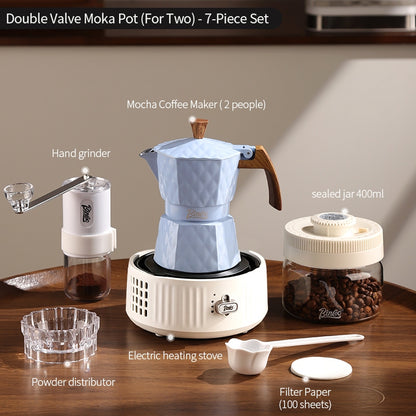 BINCOO Two-Valve Moka Pot with Electric Stove Set Home Coffee Maker with Grinder Set Espresso Machine Set for Office and Outdoor 2Cups